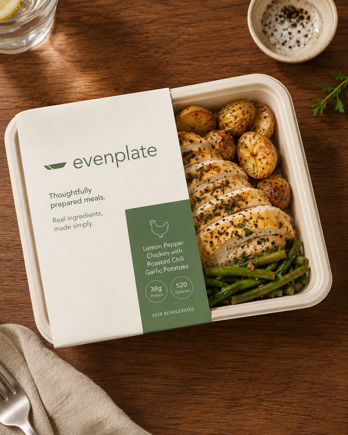 Lemon Pepper Chicken with roasted chili garlic potatoes in Evenplate packaging