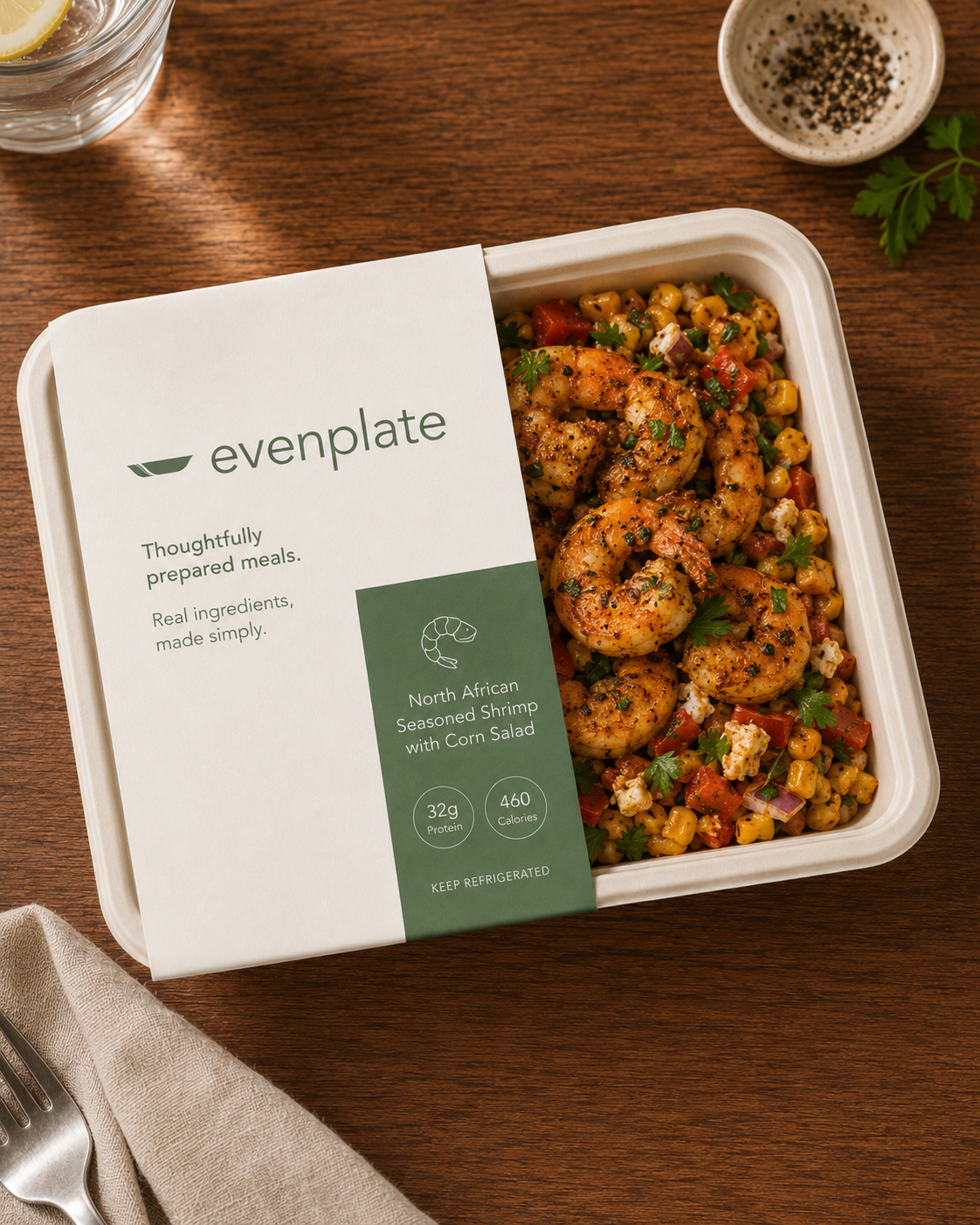 North African Seasoned Shrimp with corn salad in Evenplate packaging
