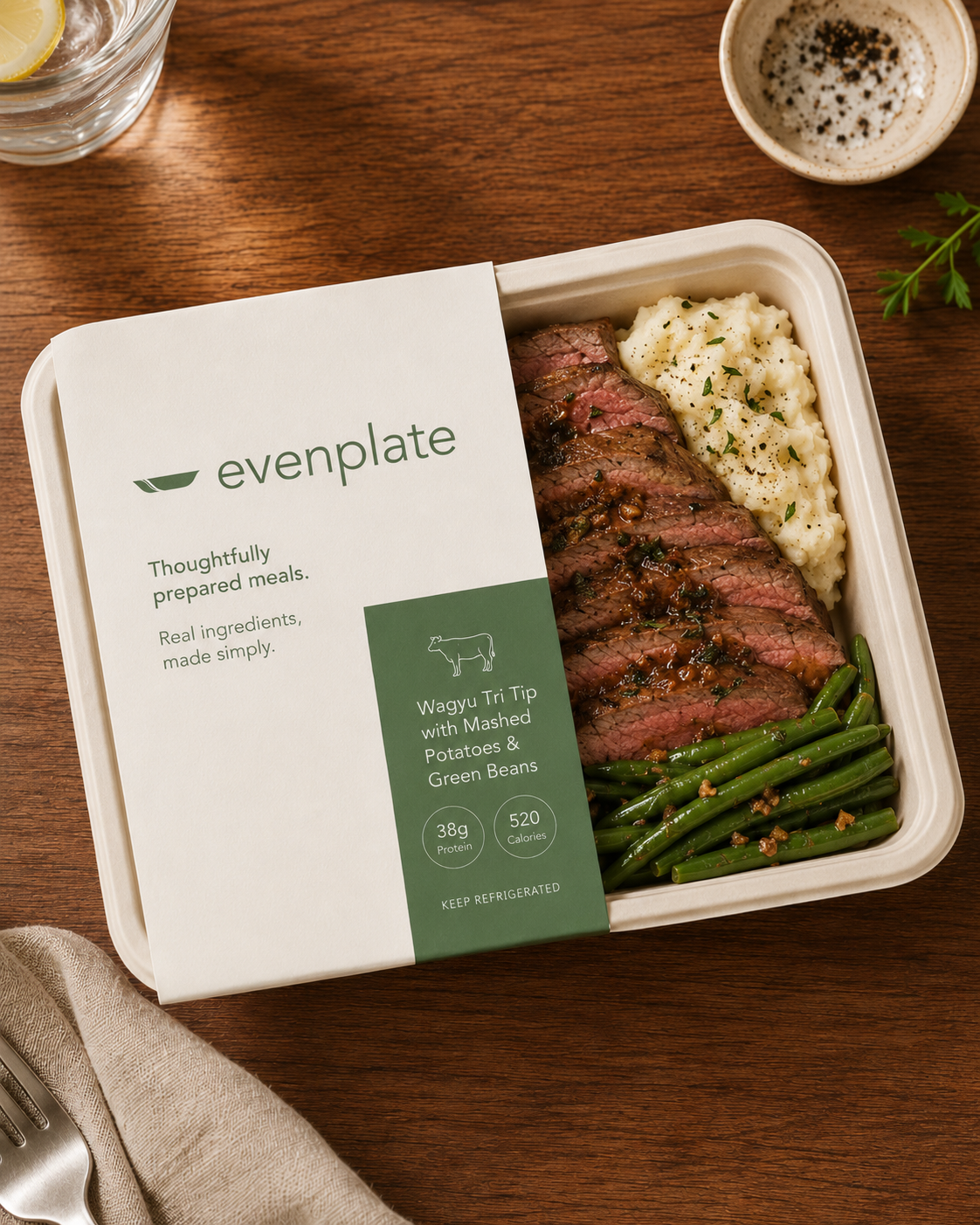Wagyu Tri Tip with mashed potatoes and green beans in Evenplate packaging